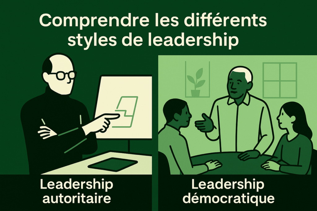 Exemples de styles de leadership : Steve Jobs en leadership autoritaire, Nelson Mandela en leadership démocratique.