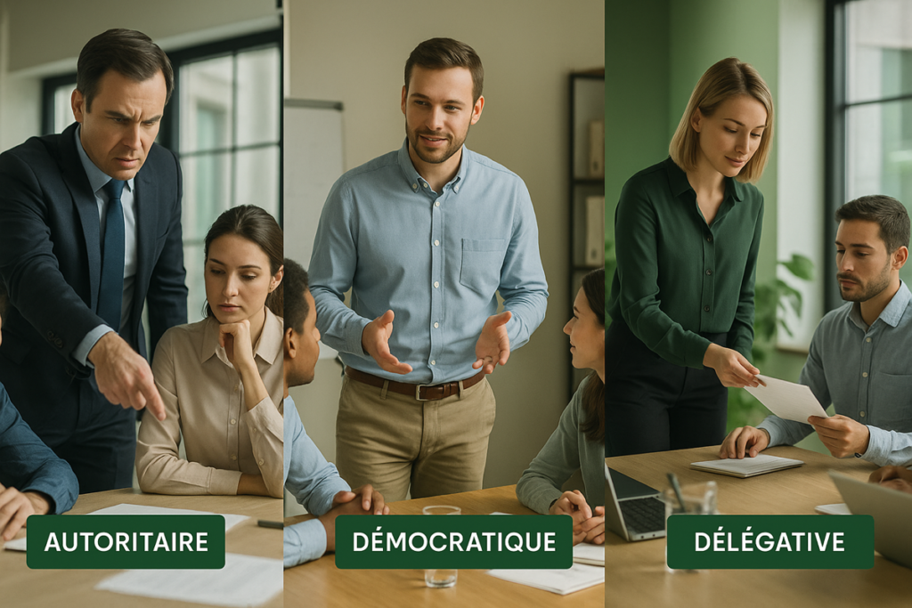Styles de leadership selon Kurt Lewin : autoritaire, démocratique et délégatif.